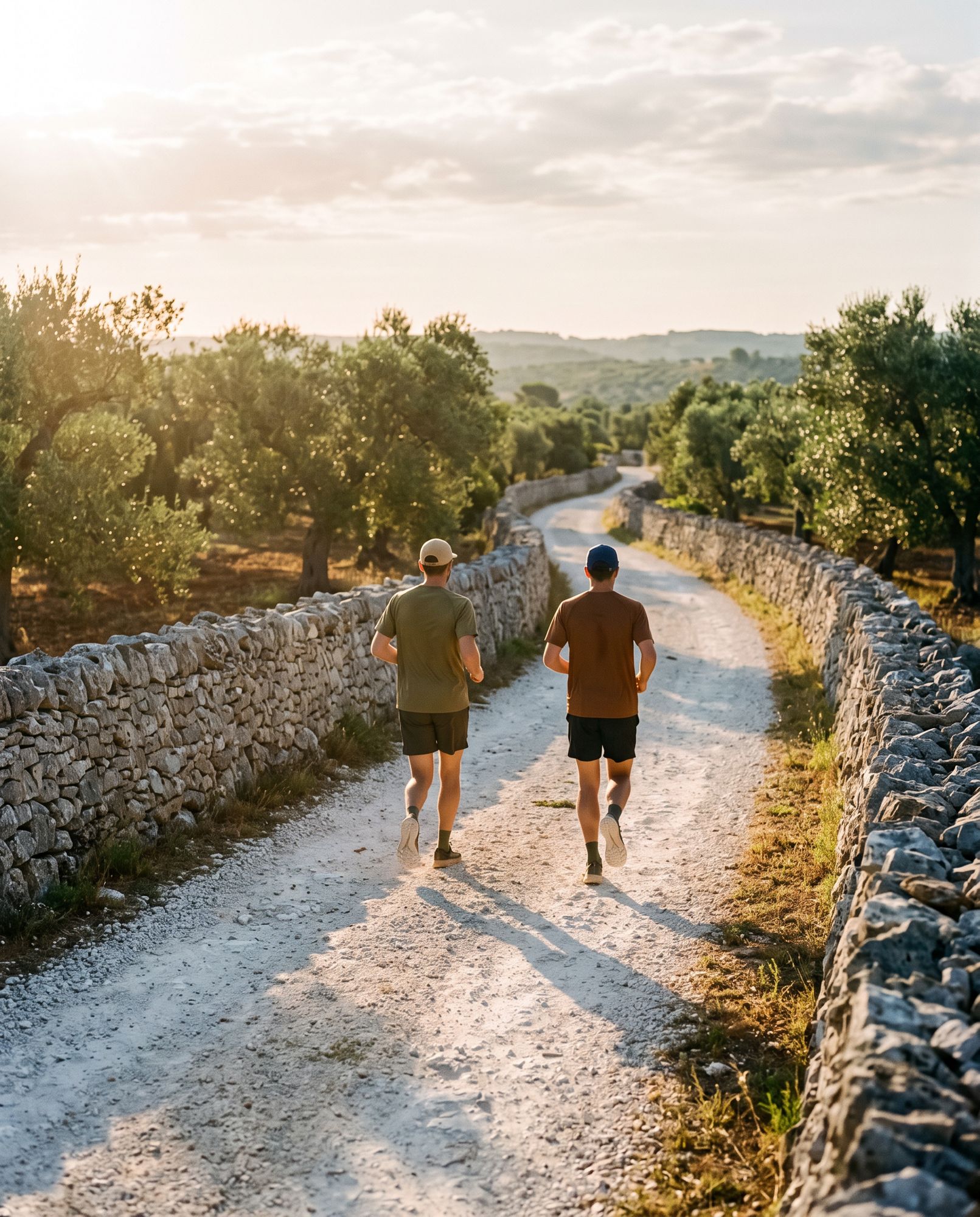 Two runners on a Puglia road at sunrise