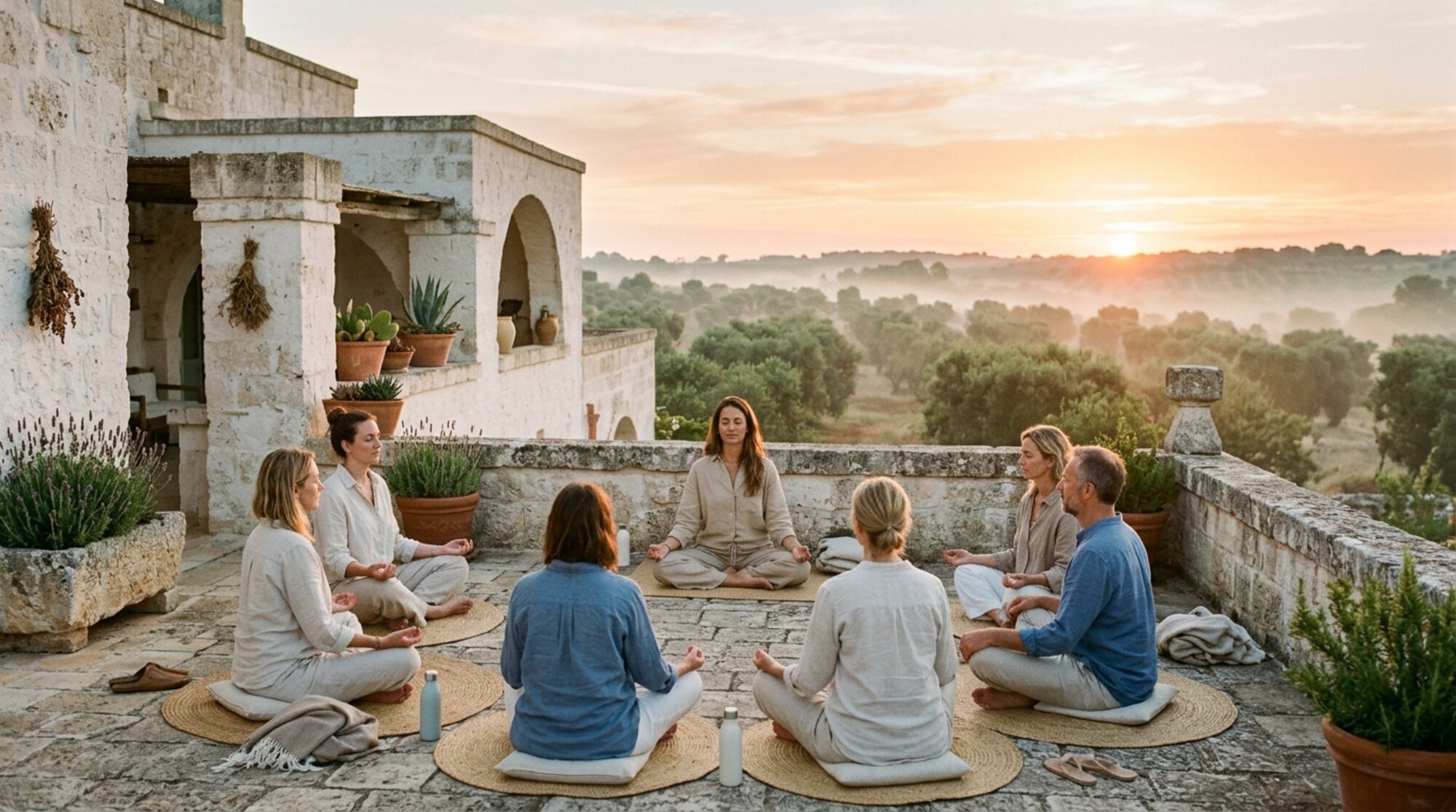 A breathing session on a terrace at sunrise