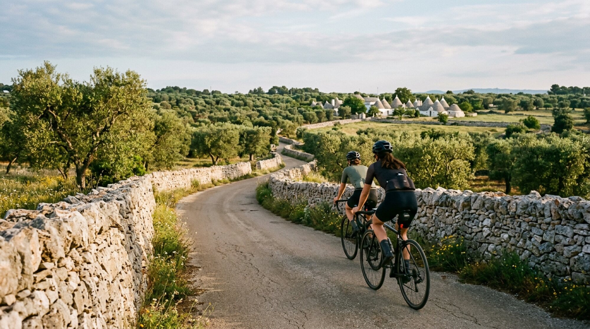 Cyclists between dry stone walls