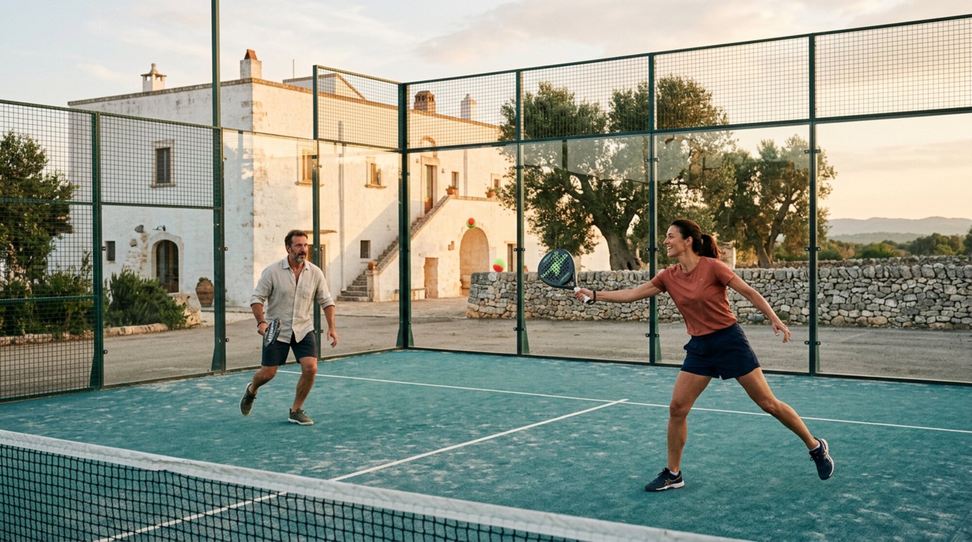 Two people playing padel beside a masseria